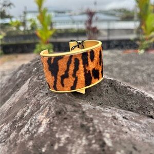 Patricia Nash NWT Tiger Print Calf hair Wide Cuff Bracelet Russian Gold Tone